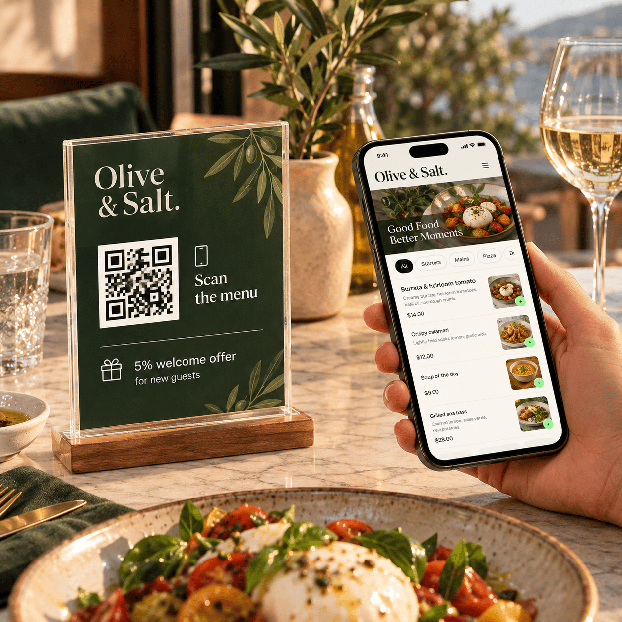 Guest scanning the Olive & Salt table QR code and browsing the menu on their phone